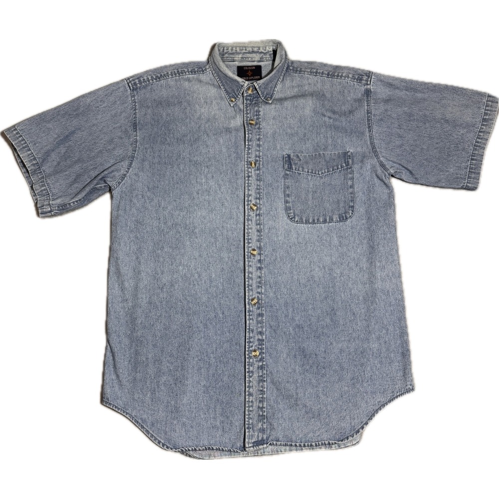 Coliseum World Explorer Mens Blue Denim Short Sleeve Button Down‎ Shirt Medium